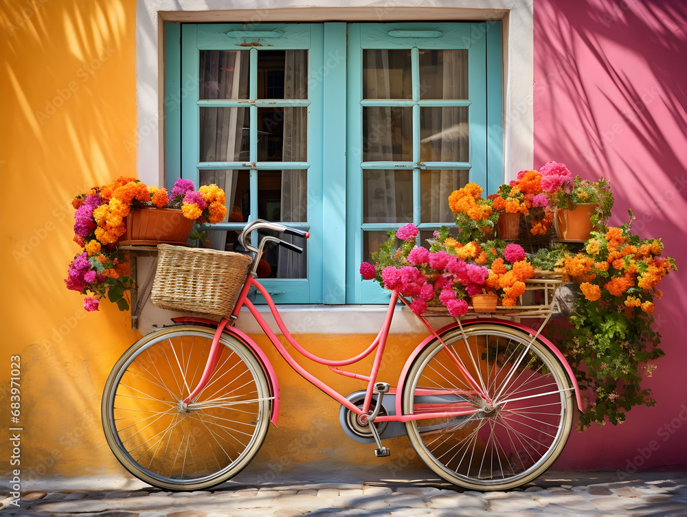 bicycle and flowers, Bicycle in a Pastel-Colored Surrounding Adorned with Spring Flowers - A Charming Image Capturing the Essence of Spring and Cycling Delight.