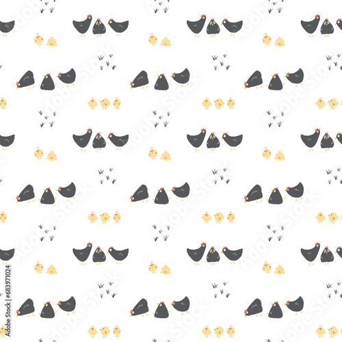 Cute Cartoon chicken and hen Seamless Pattern, Background vector Illustration