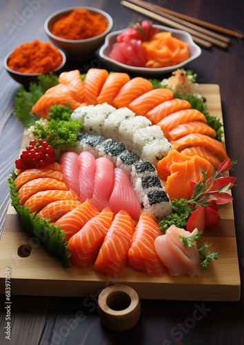Japanese sushi, rolls, fish, salmon, sashimi, decor, meal, dinner, beautiful food, festive, restaurant, cafe, rice, nori, serving a dish, holiday, seafood, tuna, tasty treat, delicious