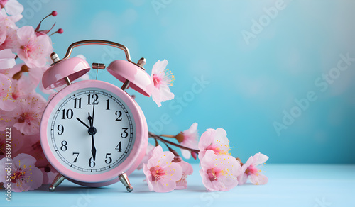Springtime Elegance: pink Clock and Cherry Blossom Branches Against a Spring Blue Background