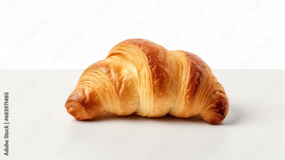  a close up of a croissant on a white surface with a white back ground and a white back ground.