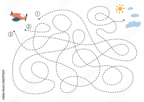 Labyrinth, Maze game for children. Logical puzzle for kids. Quest to find the right path for a plane to fly to the sky. Vector illustration A4 - ready to print format.