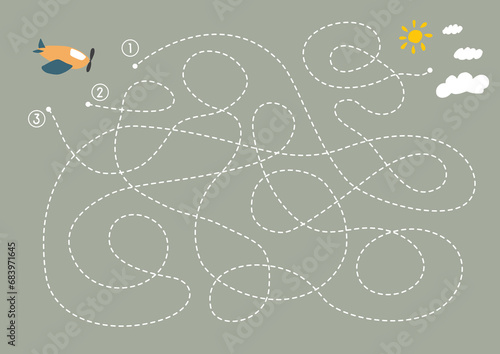 Labyrinth, Maze game for children. Logical puzzle for kids. Quest to find the right path for a plane to fly to the sky. Vector illustration A4 - ready to print format.