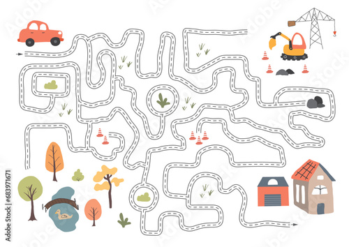 Labyrinth, Maze game for children. Logical puzzle for kids. Quest to find the right path for a car to the house. Vector illustration A4 - ready to print format.