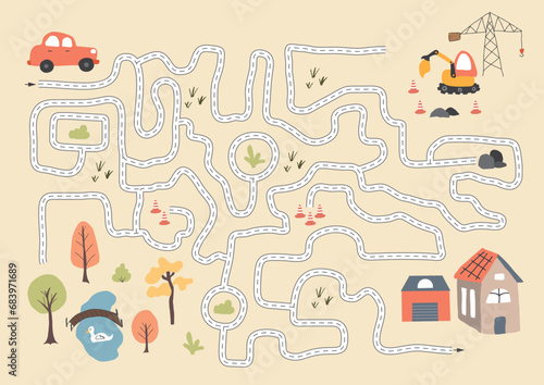 Labyrinth, Maze game for children. Logical puzzle for kids. Quest to find the right path for a car to the house. Vector illustration A4 - ready to print format.