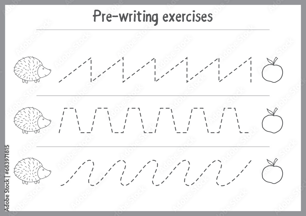 Basic writing exercises. Trace line worksheets for children. Preschool