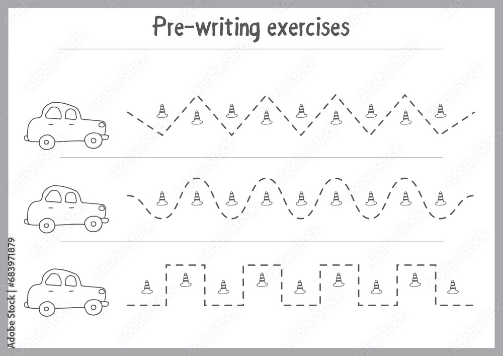 Naklejka premium Basic writing exercises. Trace line worksheets for children. Preschool handwriting practice. Vector illustration. A4 - ready to print format