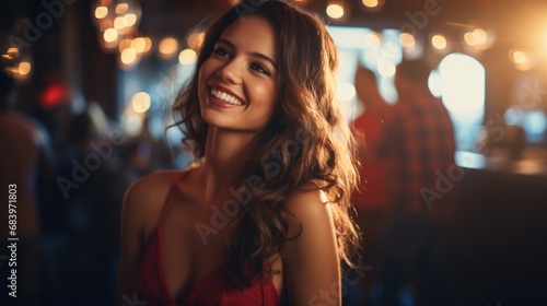 A happy woman at party at night club with friends.