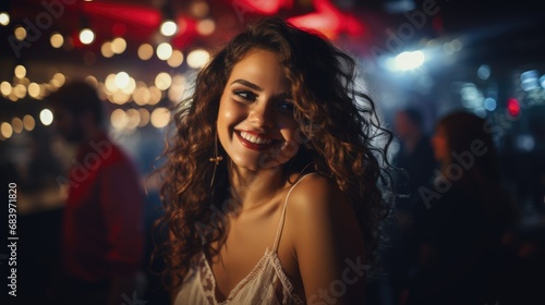 A happy woman at party at night club with friends.