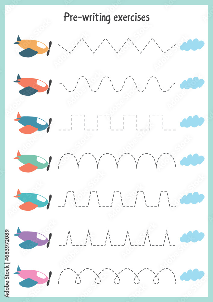 Basic writing exercises. Trace line worksheets for children. Preschool