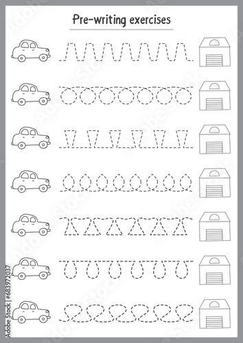 Basic writing exercises. Trace line worksheets for children. Preschool handwriting practice. Vector illustration. A4 - ready to print format