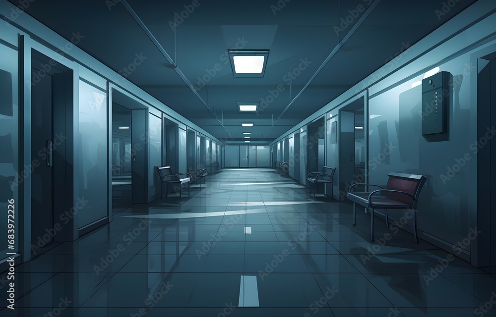 Long dark hospital corridor with rooms and seats, empty accident and emergency interior