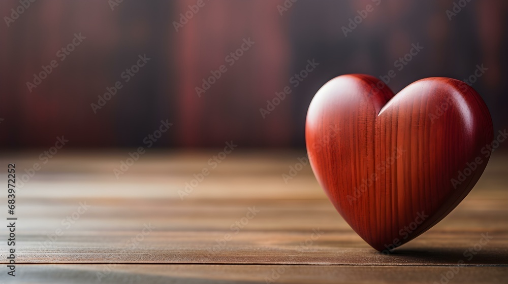 Close up of a dark red Heart on a wooden Table. Blurred Background