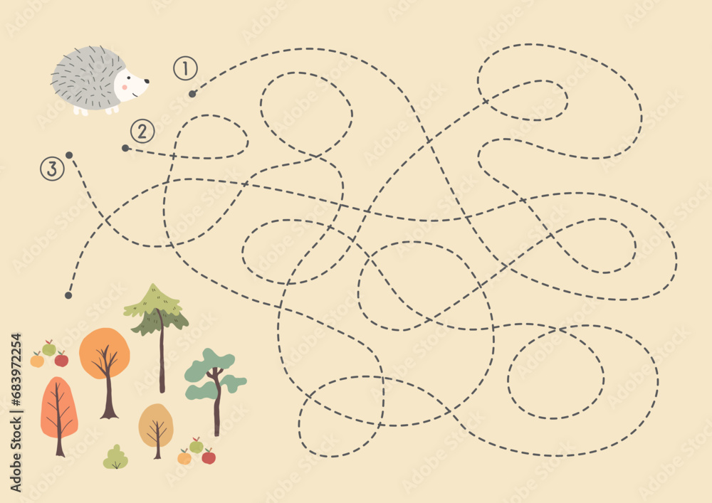 Labyrinth, Maze game for children. Logical puzzle for kids. Quest to find the right path for a hedgehog to the forest. Vector illustration A4 - ready to print format. Labyrinth, Maze game for children. Logical puzzle for kids. Quest to find the right path for a hedgehog to the forest. Vector illustration A4 - ready to print format.