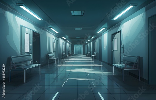 Long dark hospital corridor with rooms and seats  empty accident and emergency interior