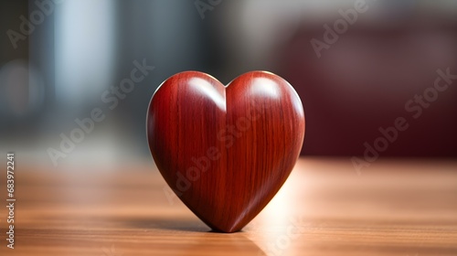 Close up of a dark red Heart on a wooden Table. Blurred Background