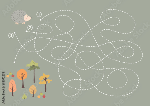 Labyrinth, Maze game for children. Logical puzzle for kids. Quest to find the right path for a hedgehog to the forest. Vector illustration A4 - ready to print format.