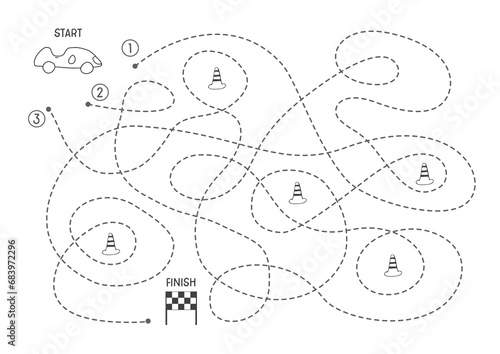 Labyrinth, Maze game for children. Logical puzzle for kids. Quest to find the right path for a race car to finish. Vector illustration A4 - ready to print format.