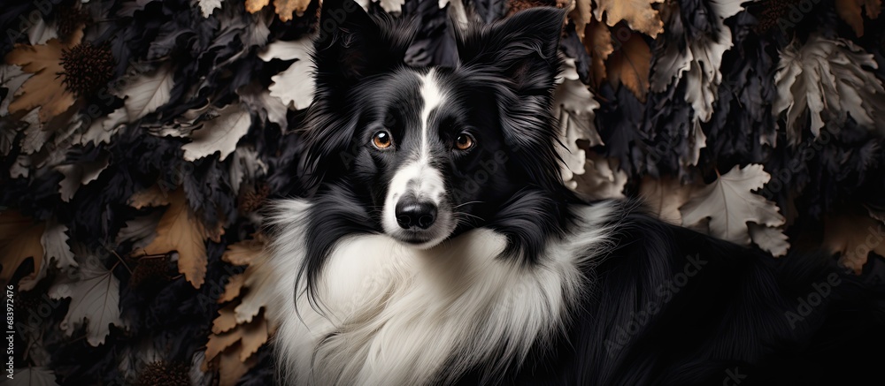 In the vast and captivating beauty of nature, an elegant black and white dog blends seamlessly with the abstract textures of its surroundings, its luxurious fur coat a striking contrast against the