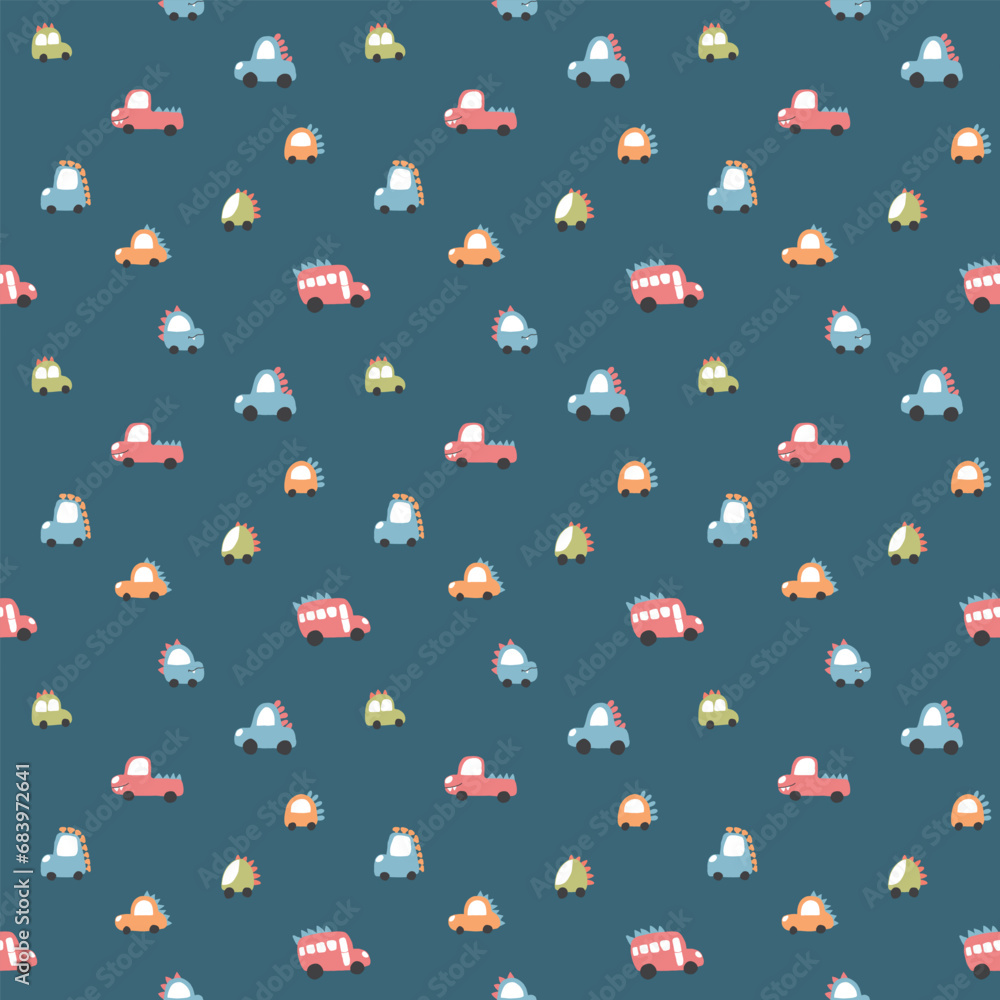 Cute Dino Cars Seamless Pattern, Childish Cartoon background, vector Illustration.