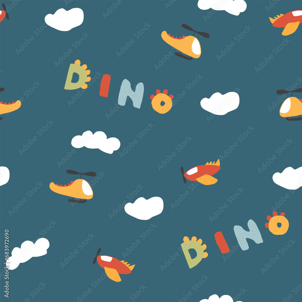 Cute Dino Airplanes and helicopters Seamless Pattern, Childish Cartoon background, vector Illustration. Cute Dino Airplanes and helicopters Seamless Pattern, Childish Cartoon background, vector Illustration.