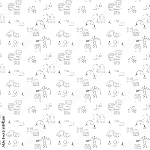 Cute construction site Seamless Pattern, Cartoon building area background, vector Illustration.