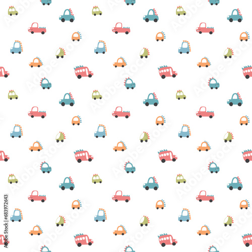 Cute Dino Cars Seamless Pattern, Childish Cartoon background, vector Illustration.