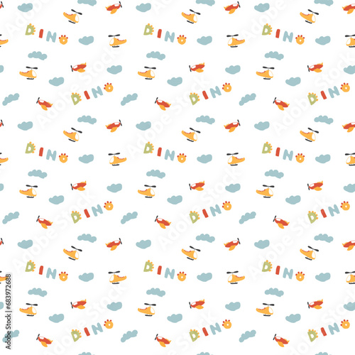 Cute Dino Airplanes and helicopters Seamless Pattern, Childish Cartoon background, vector Illustration.