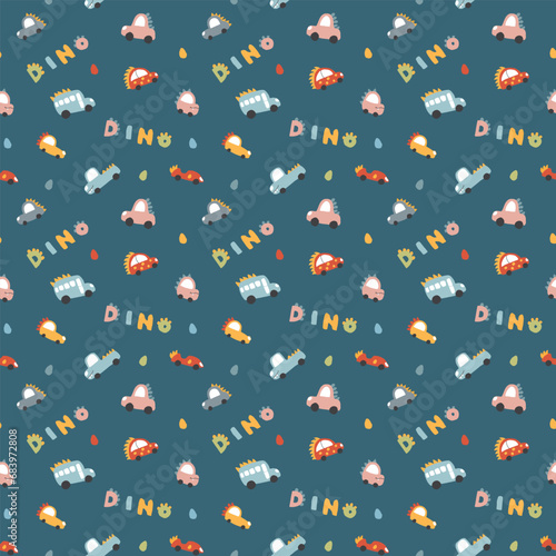 Cute Dino Cars Seamless Pattern, Childish Cartoon background, vector Illustration.