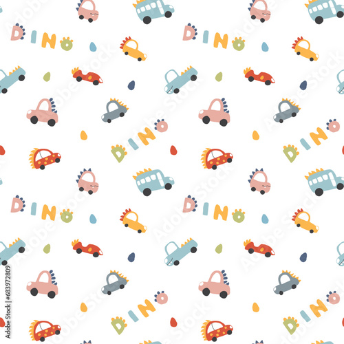 Cute Dino Cars Seamless Pattern, Childish Cartoon background, vector Illustration.