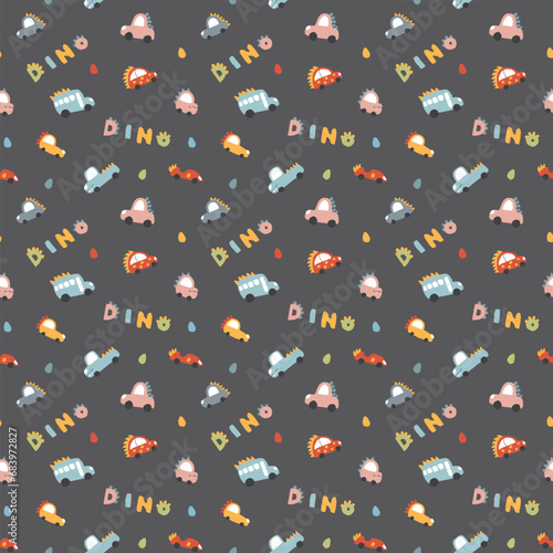 Cute Dino Cars Seamless Pattern, Childish Cartoon background, vector Illustration.