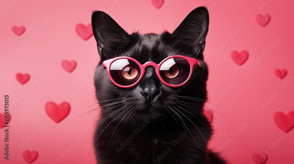 Cute black cat with glasses on pink background. Valentines day concept