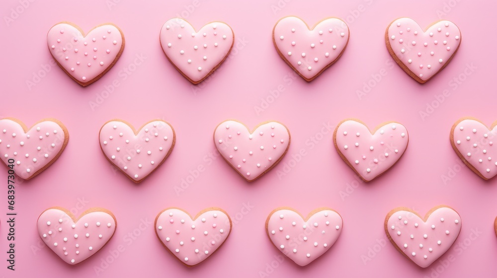 Valentine's day background with heart shaped cookies on pink background