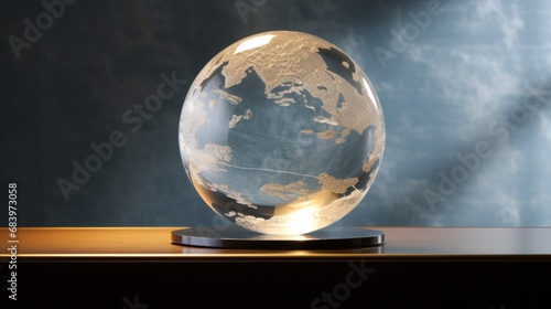  a glass globe sitting on top of a wooden table in front of a blue wall with a shadow of the earth on it.