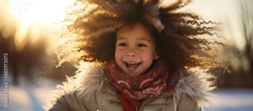 In the serene winter park, a happy child with cute, wild hair runs through the grass, their face adorned with a joyful smile, as their hands reach out to touch the trees, embracing the beauty of