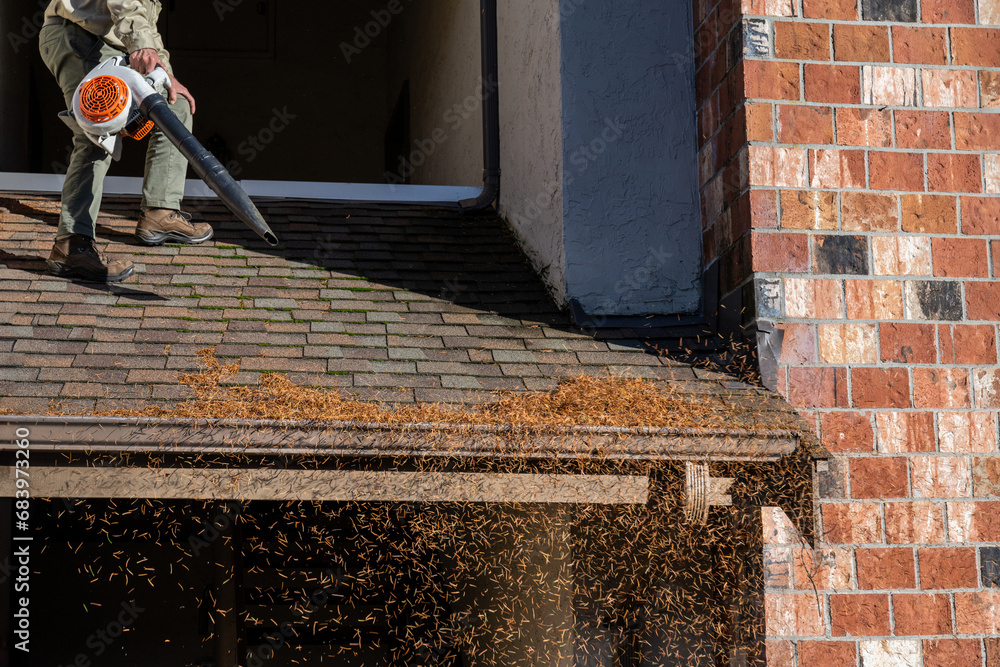 Fall pine needle debris flying in the air as a senior man on a rooftop