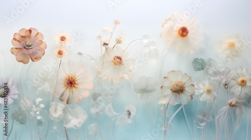  a group of white and orange flowers on a blue and white background with a light reflection of the flowers on the left side of the frame.