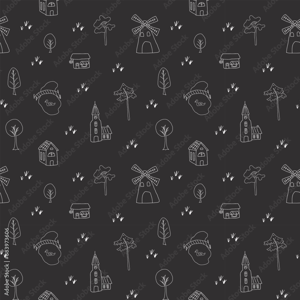 Cute village landscape Seamless Pattern, Cartoon country background, vector Illustration Cute village landscape Seamless Pattern, Cartoon country background, vector Illustration