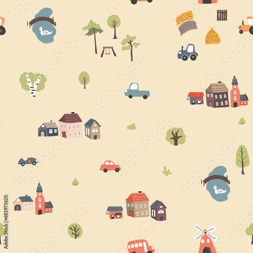 Cute village landscape Seamless Pattern, Cartoon country background, vector Illustration