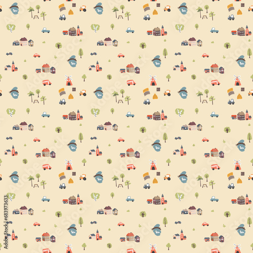 Cute village landscape Seamless Pattern, Cartoon country background, vector Illustration