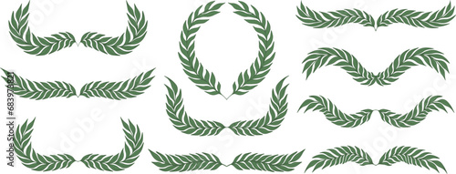 Set of green silhouette laurel foliate, wheat and olive wreaths depicting an award, achievement, heraldry, nobility. Vector illustration. photo