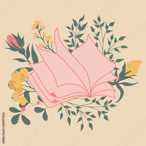 hand drawn vector illustration - book and flowers in gentle colors. spring, summer mood. flat trend illustration for greeting cards, flyers, magazines, websites and apps