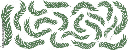 Set of green silhouette tree branches with laurel, oak and olive foliate. Vector illustration for your frame, border, ornament design, wreaths depicting an award, achievement, heraldry, emblem, logo.