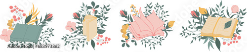 Set of vector illustration of books with flowers. Stack of books, open book. Hand-drawn illustration for decoration of bookstore, library, card design, poster, banner.