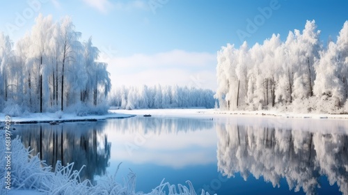  a large body of water surrounded by snow covered trees and a blue sky with a few clouds in the background.