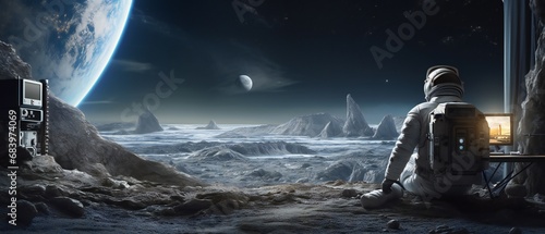 Landscape in space, planets, mountains and a sitting astronaut
