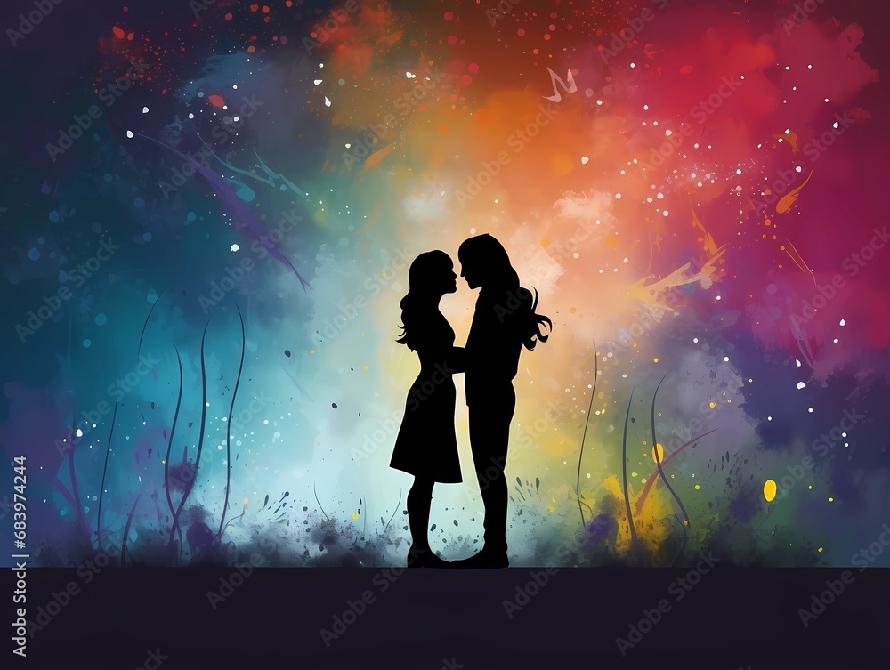 Solilhouette of a couple on heart background, Romantic couple in love silhouettes on chalkboard background, abstract valentine's theme 