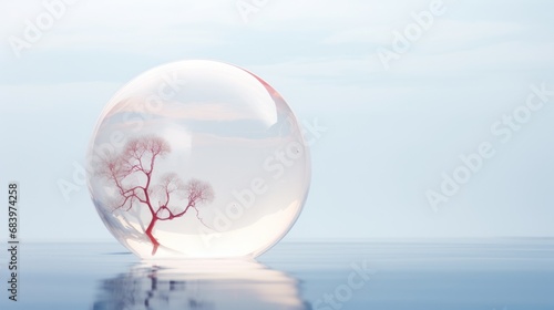  a glass ball with a picture of a tree inside of it in the middle of a body of water with a blue sky in the background.