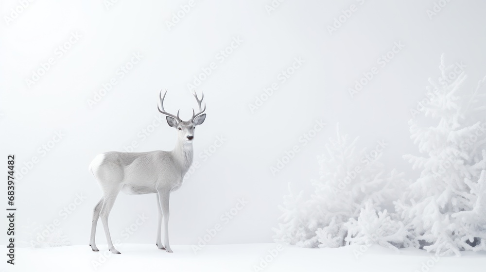 a white - tailed deer stands in front of a white background of snow - covered trees and snow - covered branches. a white - tailed deer stands in front of a white background of snow - covered trees and snow - covered branches.