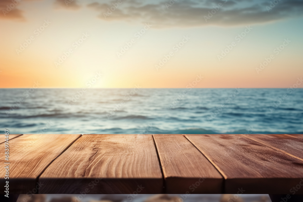 Empty wooden table in sunset rays with sea on blurred background